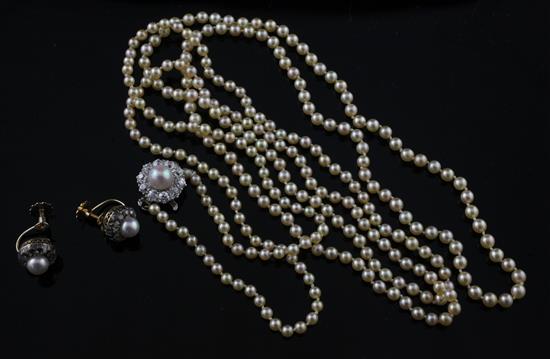 A mid 20th century single strand cultured pearl necklace with diamond and pearl set white gold clasp & pr of earclips.